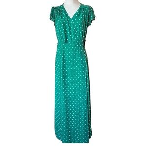 NWT Eva Mendes Medium Green Polka Dot Wrap Ruffle Maxi Dress